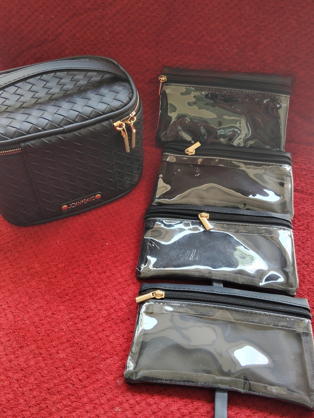 Joan & David Black Woven Travel Toiletry Bag with Clear Pouches